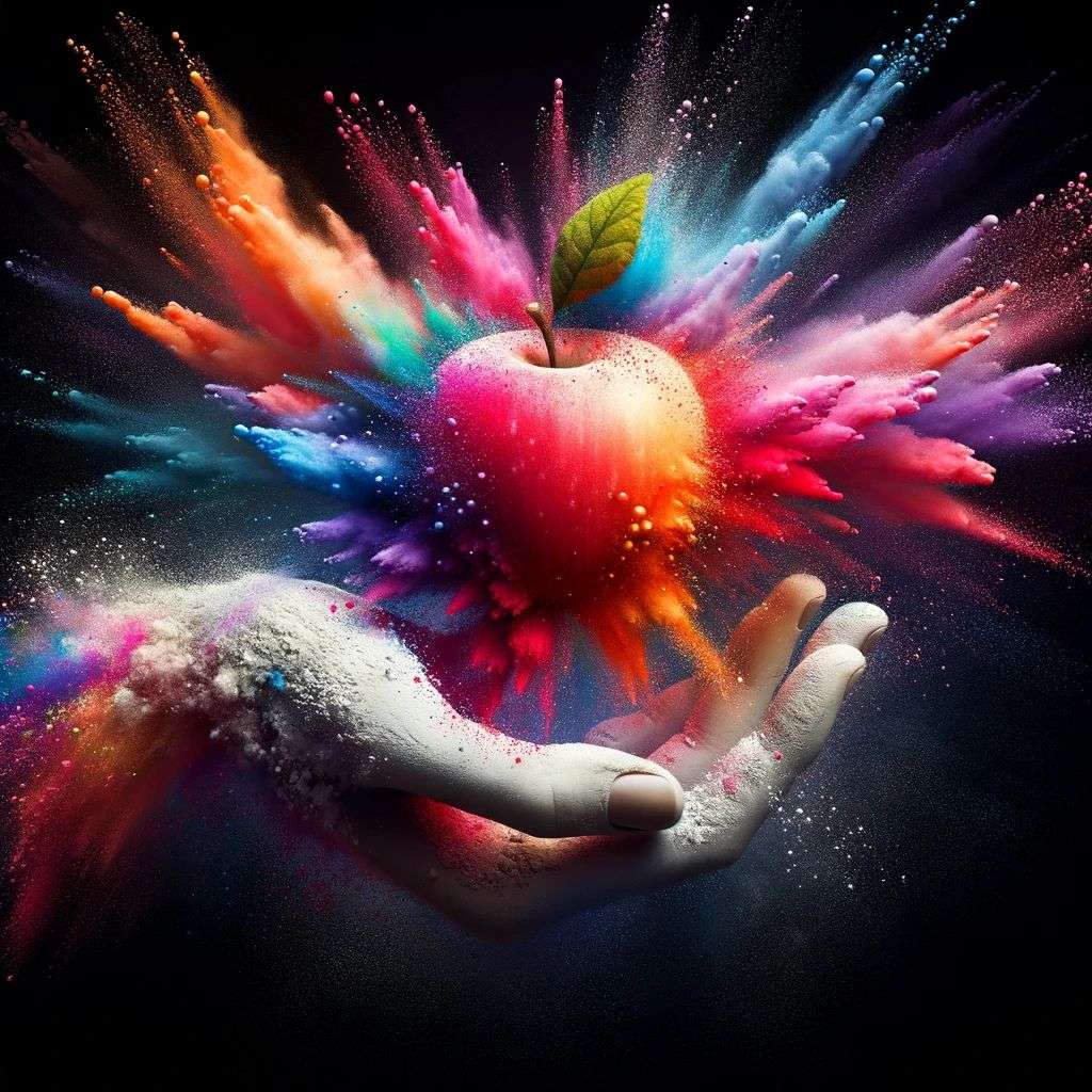 the discovery of gravity, made from a burst of colored powder, digital art